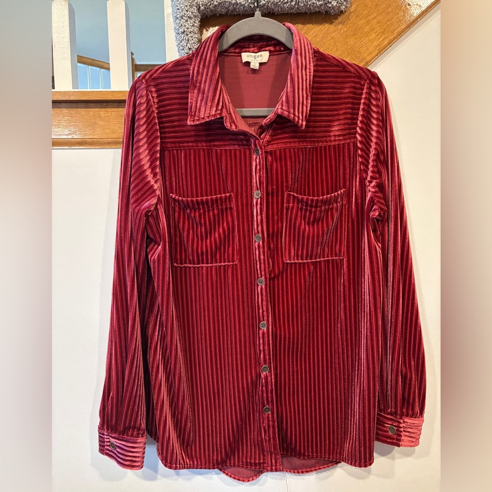 Umgee Crushed Red Velvet Button-Up Shirt